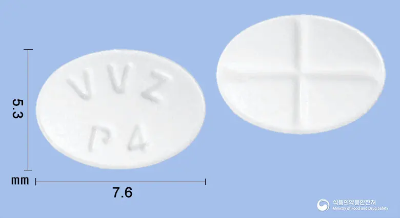 제이솔론정4mg(메틸프레드니솔론) 앞뒤 사진 (흰색 타원형, 각인 VVZP4)