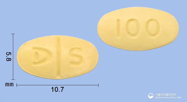 씬지록신정100마이크로그램(레보티록신나트륨수화물) 앞뒤 사진 (노란색 타원형, 각인 S / 100)