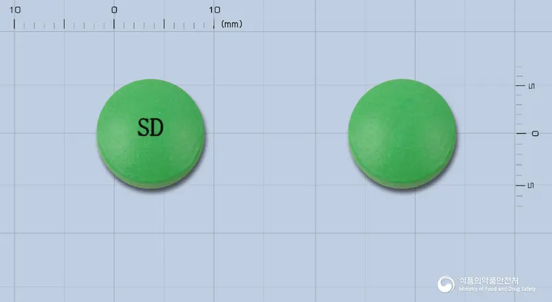리포정200mg(치옥트산)(수출용) 앞뒤 사진 (초록색 원형, 각인 SD)