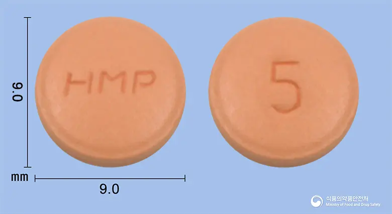 한미펠로디핀지속정5밀리그램 앞뒤 사진 (분홍색 원형, 각인 HMP / 5)