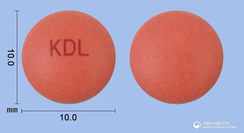 란가톤정(란소프라졸)(수출용) 앞뒤 사진 (갈색 원형, 각인 KDL)