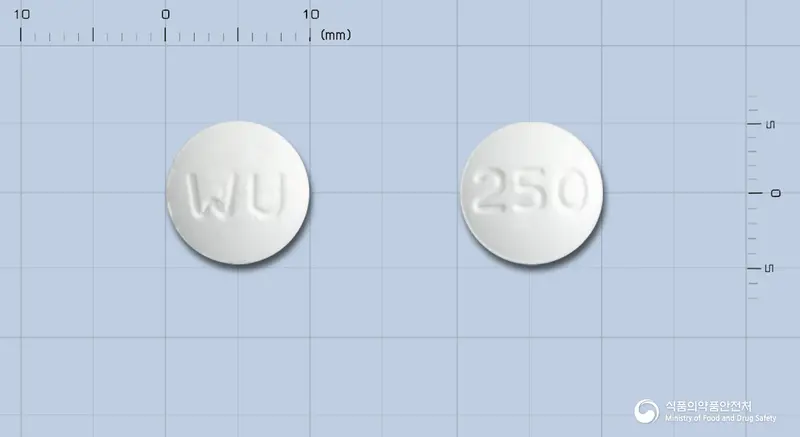 토박신정250mg 앞뒤 사진 (흰색 원형, 각인 WU / 250)