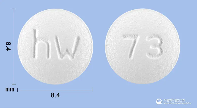 아세크로정(아세클로페낙) 앞뒤 사진 (흰색 원형, 각인 hw / 73)