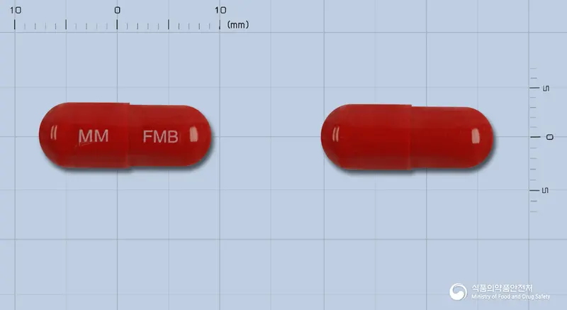 훼모빈캅셀 앞뒤 사진 (빨간색 캡슐, 각인 MM FMB)