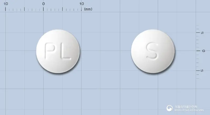 산노겔정 앞뒤 사진 (흰색 원형, 각인 PL / S)