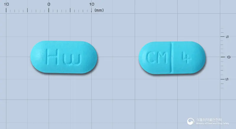알보젠시메티딘정400mg 앞뒤 사진 (파란색 장방형, 각인 CM 4)