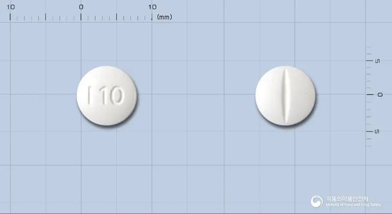 아테놀린정50mg(아테놀롤) 앞뒤 사진 (흰색 원형, 각인 I10)