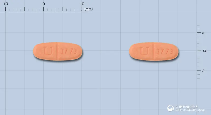 오젠정1.25mg 앞뒤 사진 (주황색 장방형, 각인 U 3773 / U 3773)