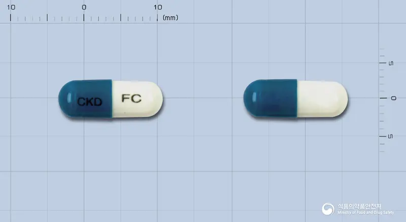 루코나졸캡슐(플루코나졸) 앞뒤 사진 (파란색 캡슐, 각인 CKD FC)