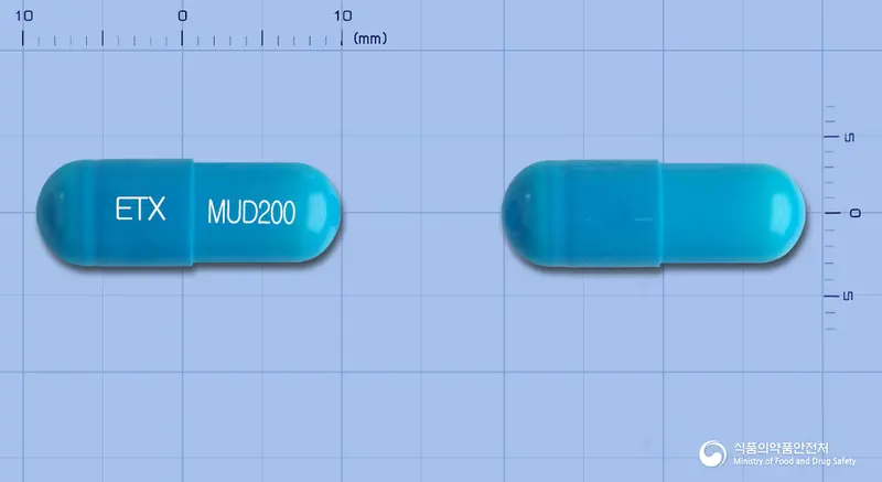 뮤코다인캡슐200mg(아세틸시스테인) 앞뒤 사진 (파란색 캡슐, 각인 ETX MUD200)