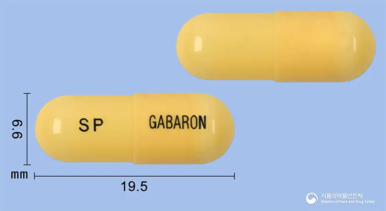 가바론캡슐300mg(가바펜틴) 앞뒤 사진 (노란색 캡슐, 각인 SP GABARON)