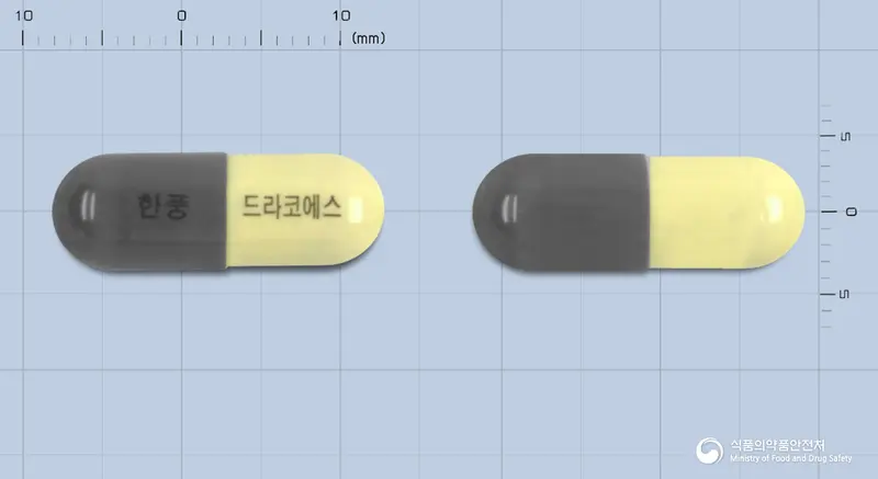 드라코에스캡슐 앞뒤 사진 (회색 캡슐, 각인 한풍 드라코에스)