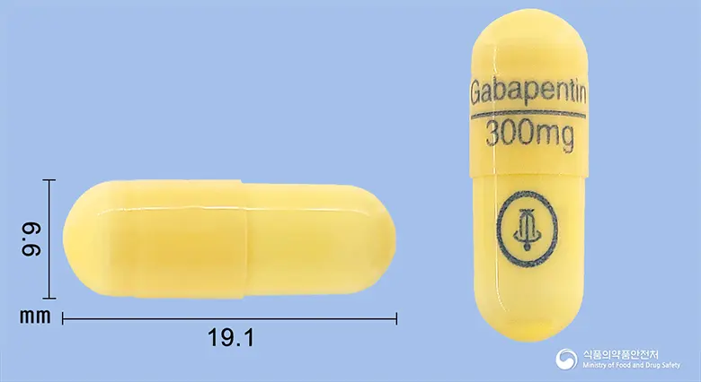 가바렙캡슐300밀리그람(가바펜틴) 앞뒤 사진 (노란색 캡슐, 각인 Gabapentin----------300mg)