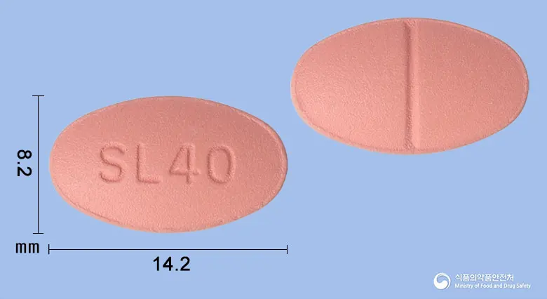 심바로드정40밀리그램(심바스타틴) 앞뒤 사진 (분홍색 타원형, 각인 SL40)