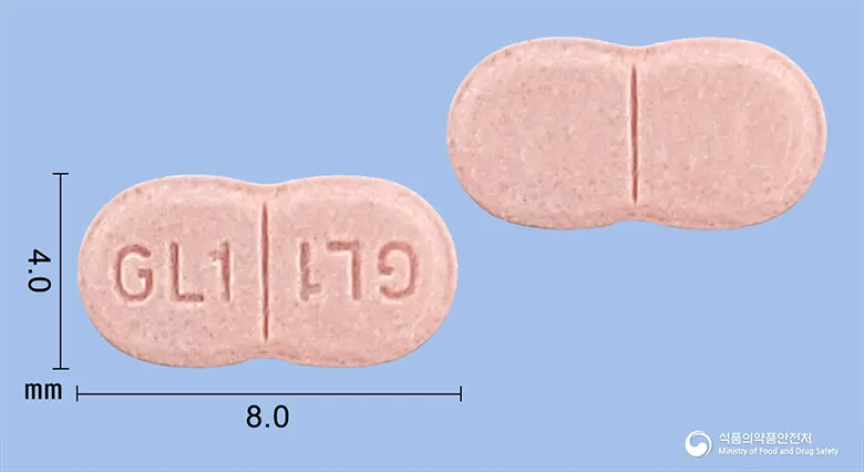 글리멜정1mg(글리메피리드) 앞뒤 사진 (분홍색 기타, 각인 GL1 GL1)
