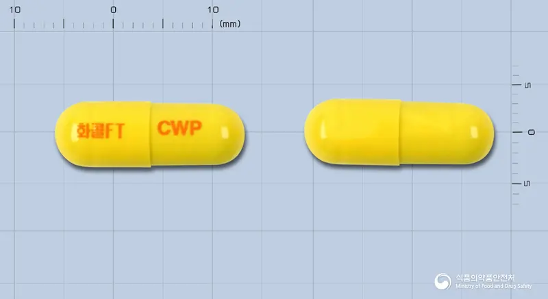 뉴화콜포르테캡슐 앞뒤 사진 (노란색 캡슐, 각인 화콜FT CWP)