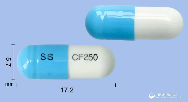 삼성세파클러캡슐250밀리그램 앞뒤 사진 (파란색 캡슐, 각인 SS CF250)