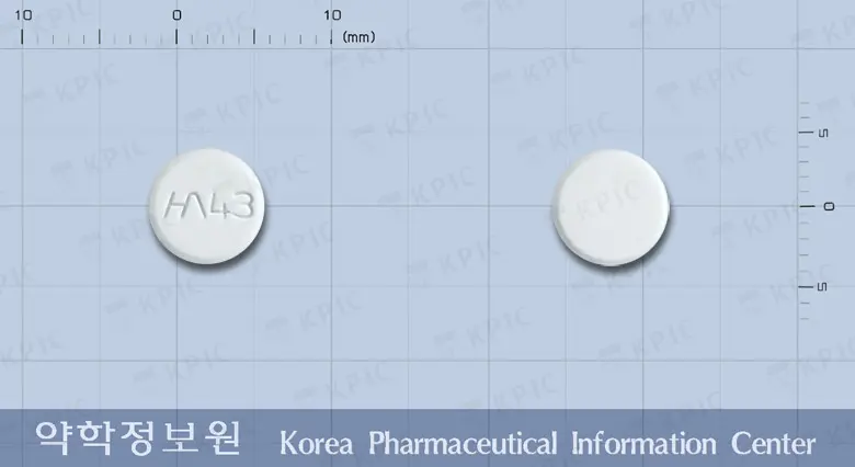 한올트리메부틴말레산염정 앞뒤 사진 (흰색 원형, 각인 43)