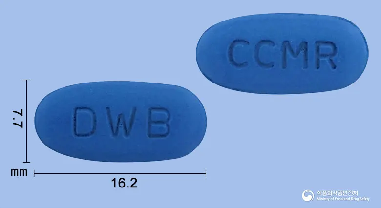 시클러MR서방정375밀리그램(세파클러수화물) 앞뒤 사진 (파란색 타원형, 각인 DWB / CCMR)