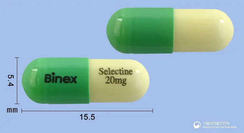 셀렉틴캡슐(플루옥세틴염산염) 앞뒤 사진 (초록색 캡슐, 각인 Selectine 20mg)