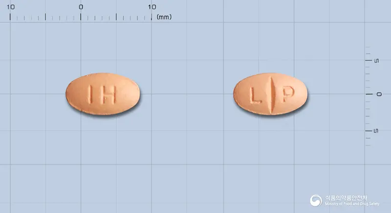 리포스타정20밀리그램(심바스타틴) 앞뒤 사진 (분홍색 타원형, 각인 IH / L P)