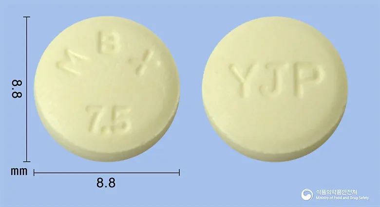멜브렉스정7.5밀리그람(멜록시캄) 앞뒤 사진 (노란색 원형, 각인 MBX 7.5 / YJP)