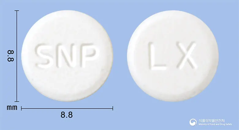록소프렌정(록소프로펜나트륨수화물) 앞뒤 사진 (흰색 원형, 각인 SNP / LX)