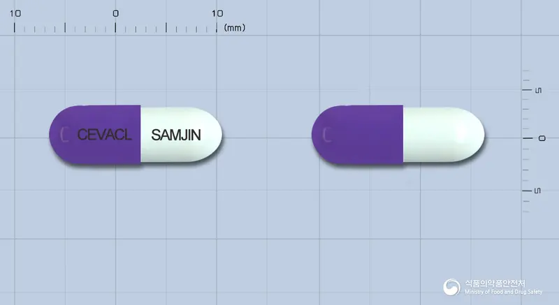 세바클캡슐250mg(세파클러수화물) 앞뒤 사진 (보라색 캡슐, 각인 CEVACL SAMJIN)