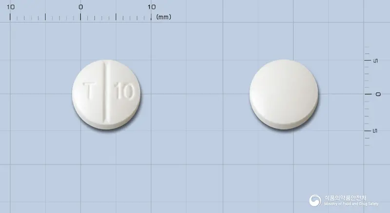 보령토르세미드정10밀리그람(수출명:DUREMID 10mg Tablet) 앞뒤 사진 (흰색 원형, 각인 T 10)