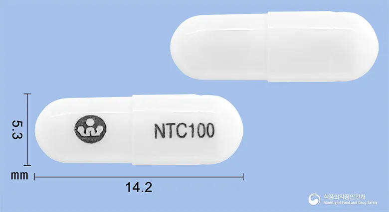 뉴렙톨캡슐100밀리그램(가바펜틴) 앞뒤 사진 (흰색 캡슐, 각인 NTC100)
