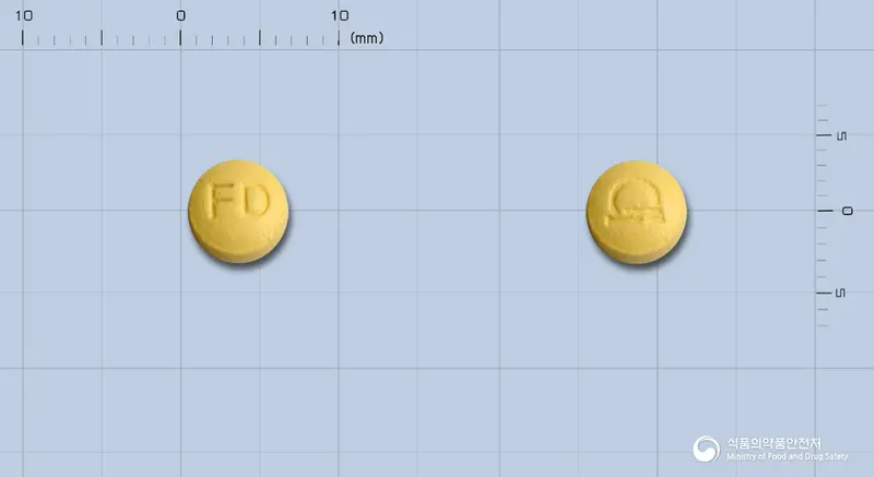 펠로딘지속정2.5mg(펠로디핀) 앞뒤 사진 (노란색 원형, 각인 FD)