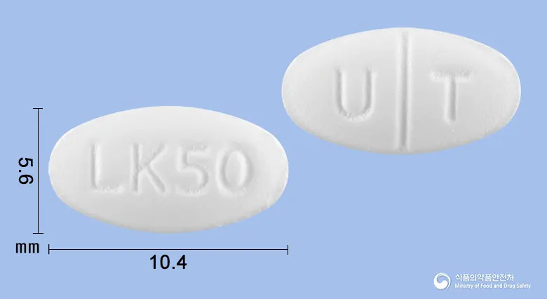 로잘정50mg(로사르탄칼륨) 앞뒤 사진 (흰색 타원형, 각인 LK50 / U T)