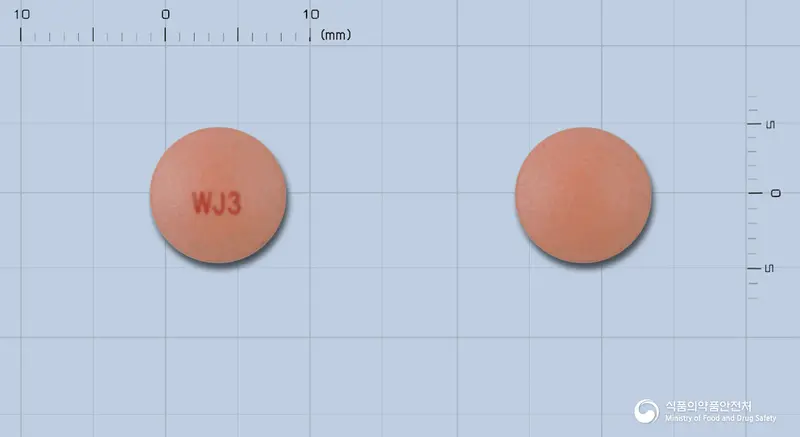 란소텍정(란소프라졸)(수출용) 앞뒤 사진 (분홍색 원형, 각인 WJ3)
