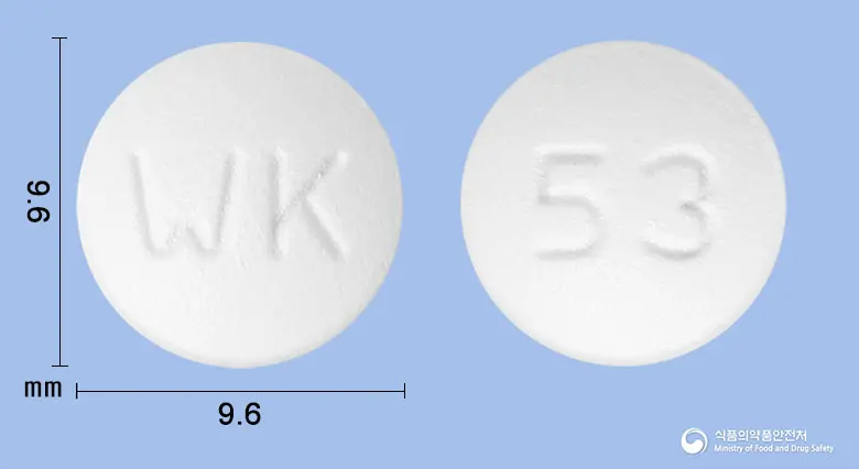 록시맥스정(록시트로마이신) 앞뒤 사진 (흰색 원형, 각인 WK / 53)