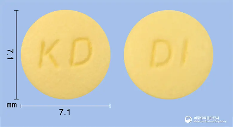 디로핀지속정2.5밀리그람(펠로디핀) 앞뒤 사진 (노란색 원형, 각인 KD / DI)