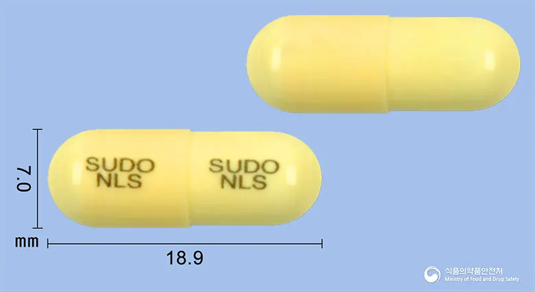 뉴로스캡슐300밀리그람(가바펜틴) 앞뒤 사진 (노란색 캡슐, 각인 SUDO SUDONLS NLS)