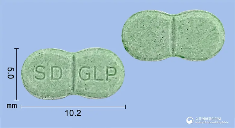 글루펜정2mg(글리메피리드) 앞뒤 사진 (초록색 기타, 각인 SD GLP)