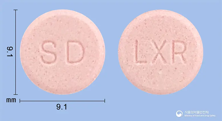 록소론정(록소프로펜나트륨수화물) 앞뒤 사진 (분홍색 원형, 각인 SD / LXR)