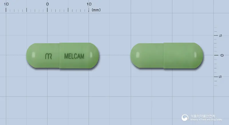 멜캄캡슐(멜록시캄) 앞뒤 사진 (초록색 캡슐, 각인 MELCAM)