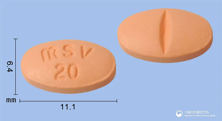 심바탄정20mg(심바스타틴) 앞뒤 사진 (주황색 타원형, 각인 SV20)