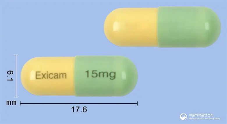 엑시캄캡슐15밀리그람(멜록시캄) 앞뒤 사진 (연두색 캡슐, 각인 Exicam 15mg)