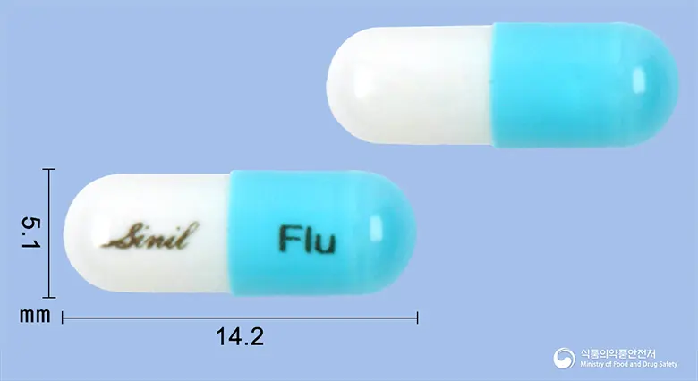 신코나졸캡슐(플루코나졸) 앞뒤 사진 (파란색 캡슐, 각인 Flu)
