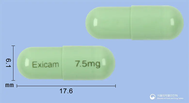 엑시캄캡슐7.5밀리그람(멜록시캄) 앞뒤 사진 (연두색 캡슐, 각인 Exicam 7.5mg)