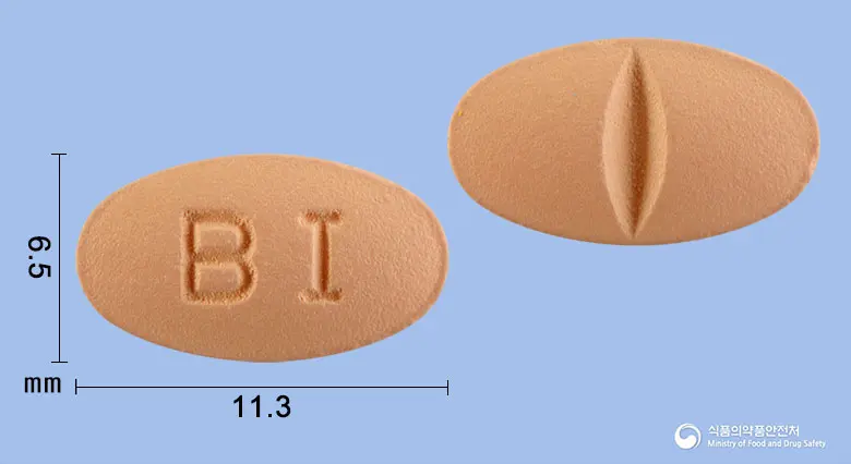 심바넥스정(심바스타틴) 앞뒤 사진 (분홍색 타원형, 각인 BI)