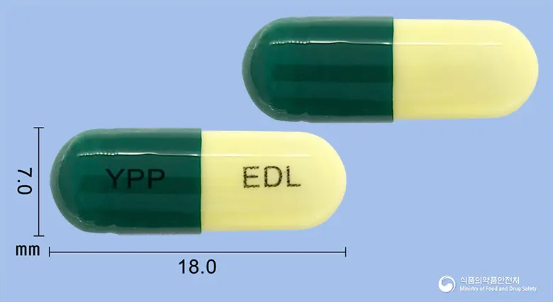 엘도린캡슐(에르도스테인) 앞뒤 사진 (초록색 캡슐, 각인 YPP EDL)