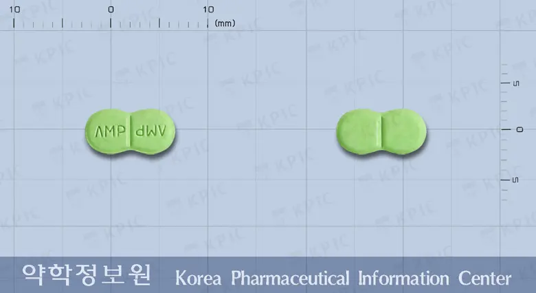 아마필정(글리메피리드) 앞뒤 사진 (연두색 기타, 각인 ΛMP ΛMP)