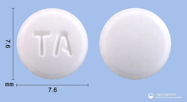 타이드정(티로프라미드염산염)(수출명:HUONSTIDETab.,PHILTIDETABLET) 앞뒤 사진 (흰색 원형, 각인 TA)