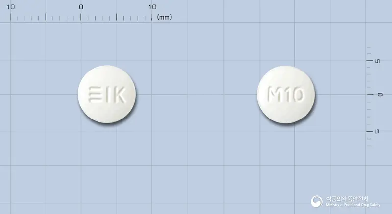 삼익말레인산에날라프릴정10mg(에날라프릴말레산염)(수출명: ABIDIPINE Tab. 10mg) 앞뒤 사진 (흰색 원형, 각인 M10)
