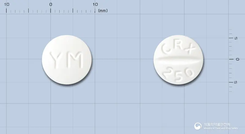싸이록신정(염산시프로플록사신) 앞뒤 사진 (흰색 원형, 각인 YM / CRX 250)