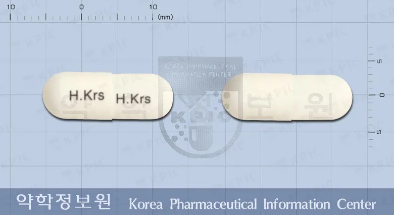 코러스란소프라졸캡슐(수출용) 앞뒤 사진 (흰색 캡슐, 각인 H.Krs H.Krs)